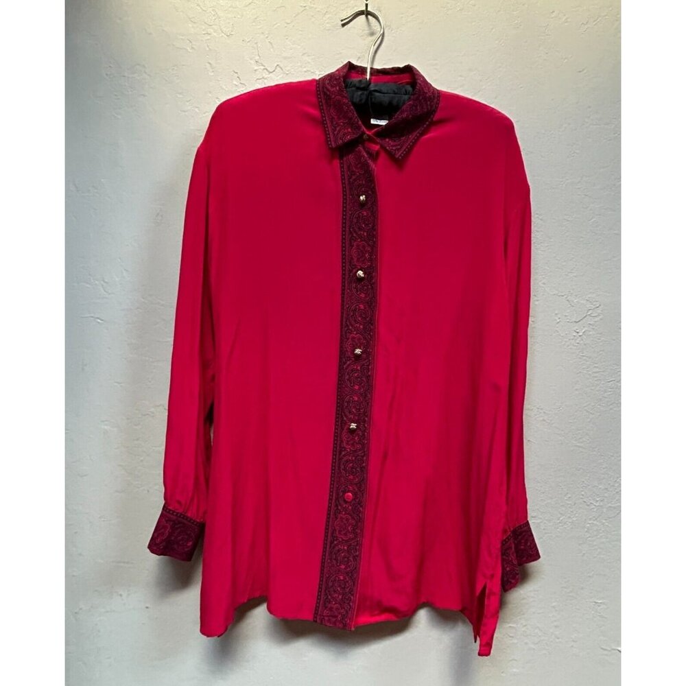 VTG Escadrille Womens Button Up Shirt Paisley Red 6 Long Sleeve Blouse Silk Top
